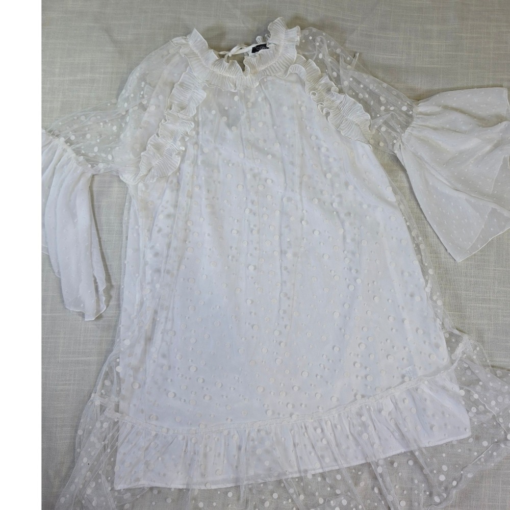 CQ by CQ White Swiss Dot Mesh Ruffle Bell Sleeve Mini Dress S 8662DK